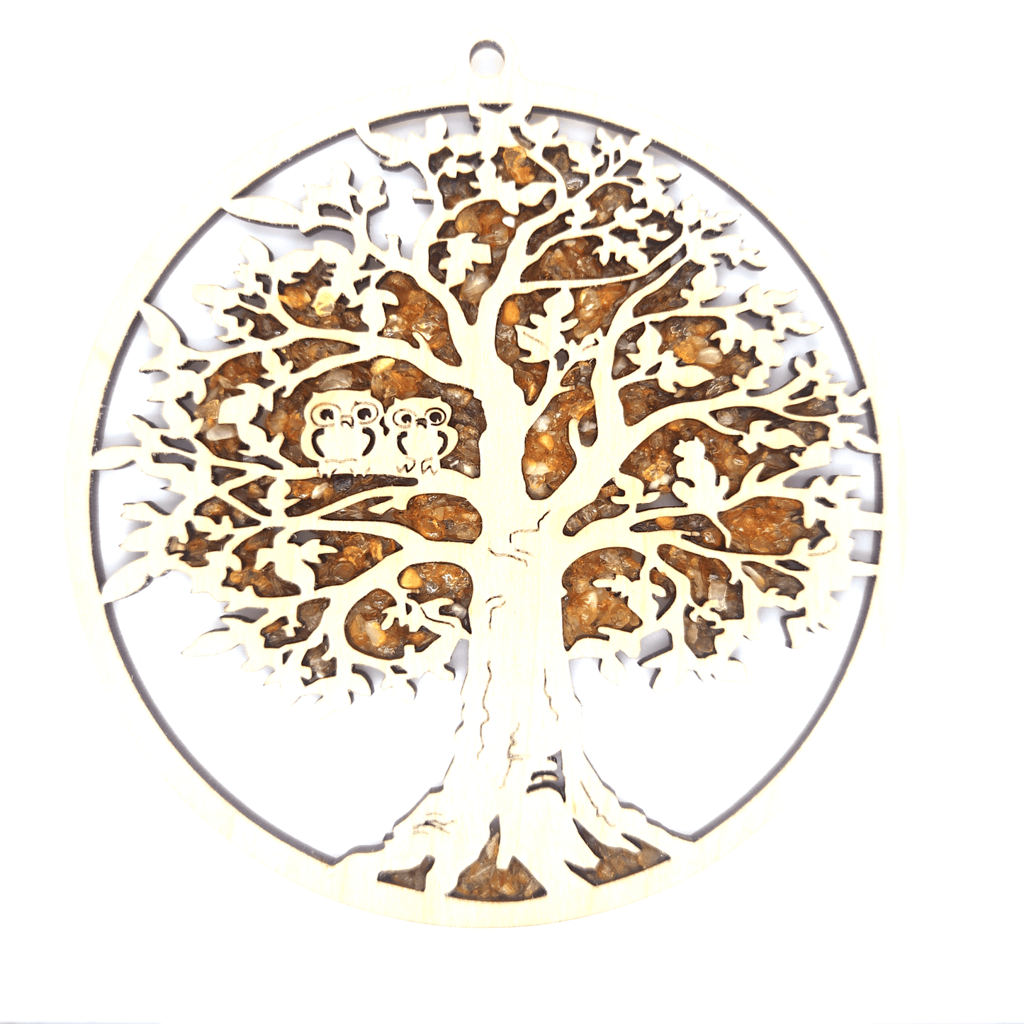 "Tree with Owls" Wooden Mandala made from genuine Baltic amber