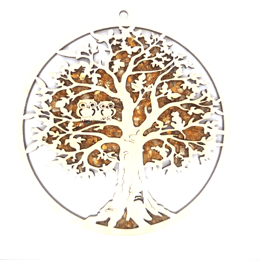 Holz‑Mandala „Baum mit Eulen“ aus echtem baltischem Bernstein