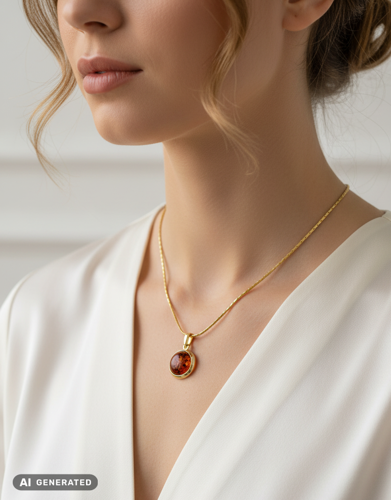 Pendentif rond en ambre – plaqué or 24 carats sur argent 925