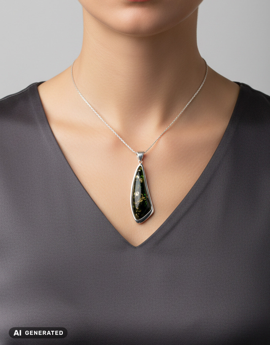 Bijoux statement : pendentif en ambre « Profondeur verte » en argent sterling