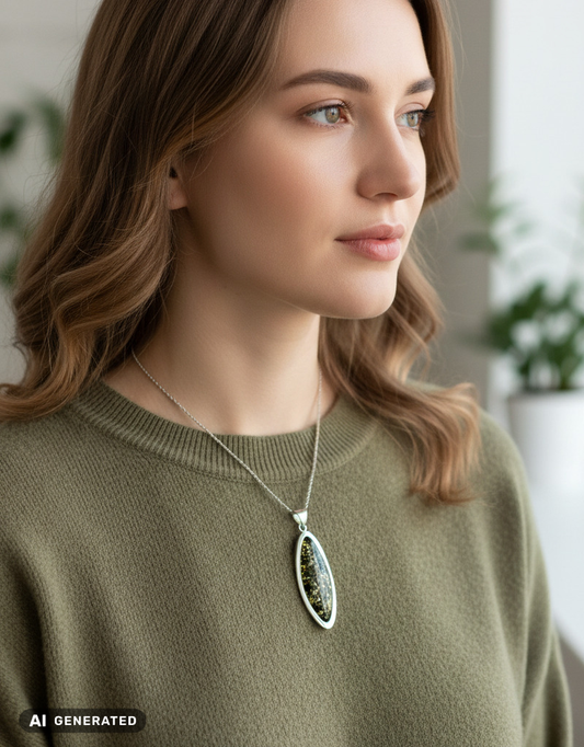 Bijoux statement : pendentif en ambre « Profondeur verte » en argent sterling