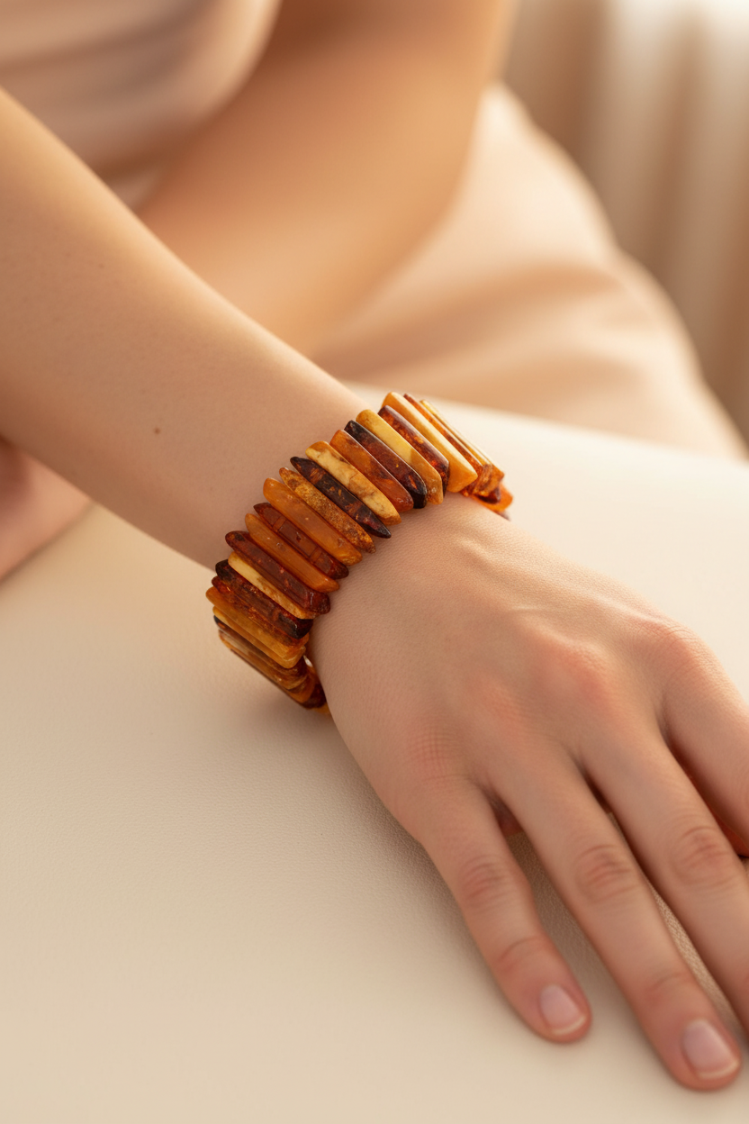 Handgefertigtes Bernstein Armband auf elastischen Bändern