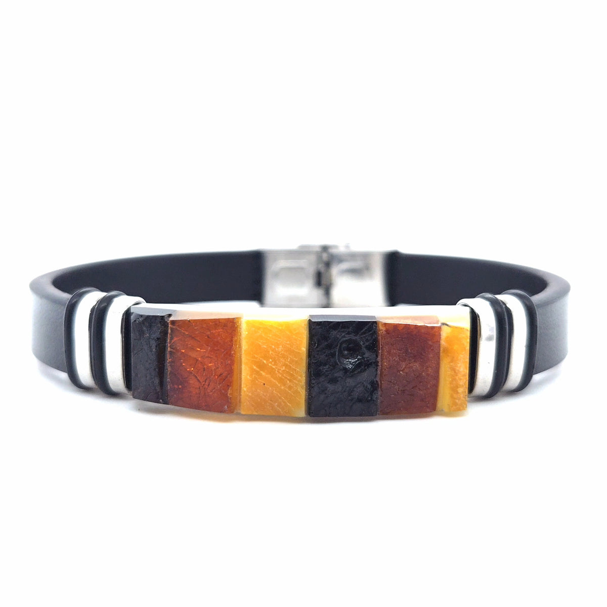 Handgearbeitertes Designer-Armband – Flexibler Lederschmuck mit mehrfarbigen Bernsteinen