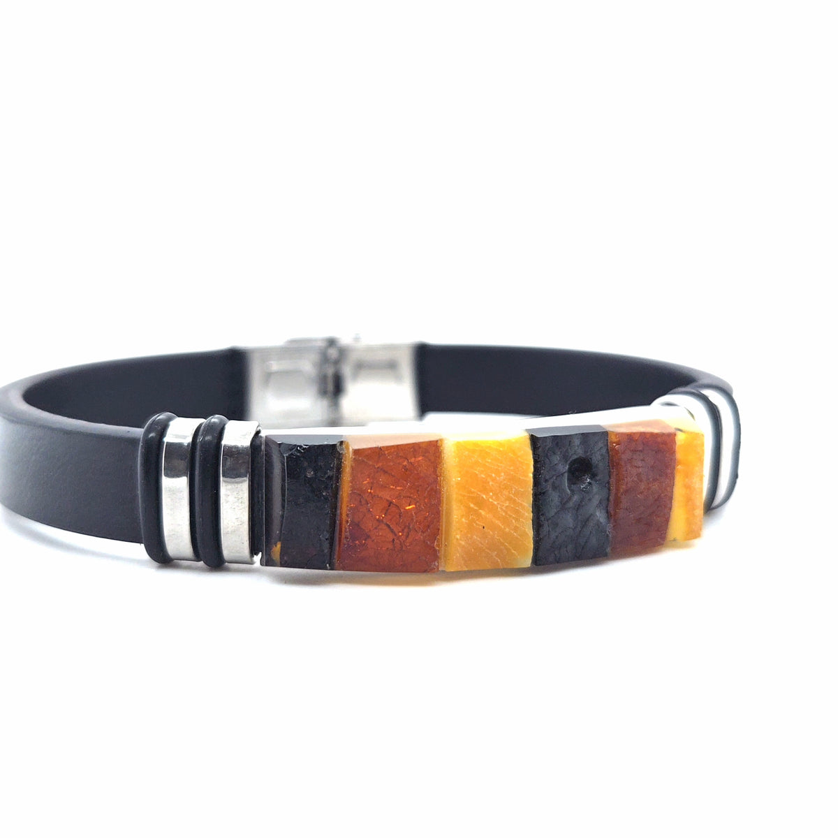 Handgearbeitertes Designer-Armband – Flexibler Lederschmuck mit mehrfarbigen Bernsteinen
