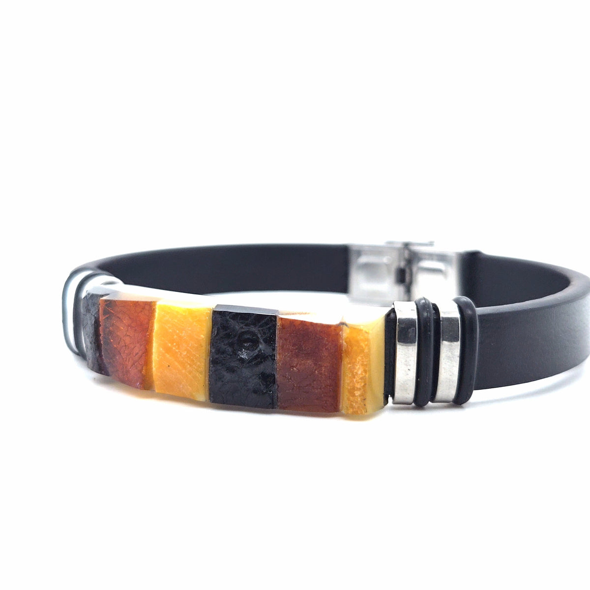 Handgearbeitertes Designer-Armband – Flexibler Lederschmuck mit mehrfarbigen Bernsteinen