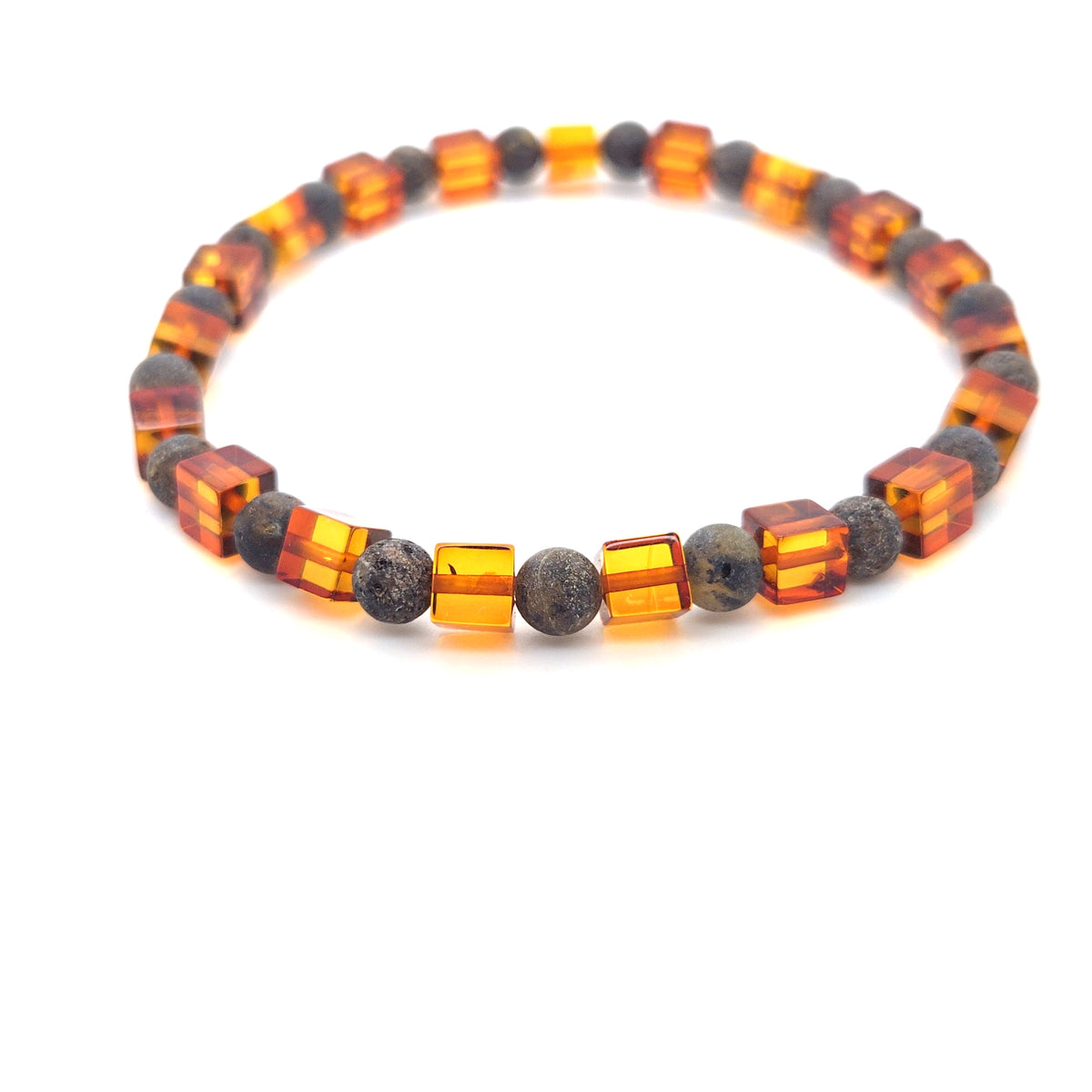 Geometrisches Stretch-Armband Unikat – Flexibler Naturstein-Schmuck mit echten Bernstein-Würfeln
