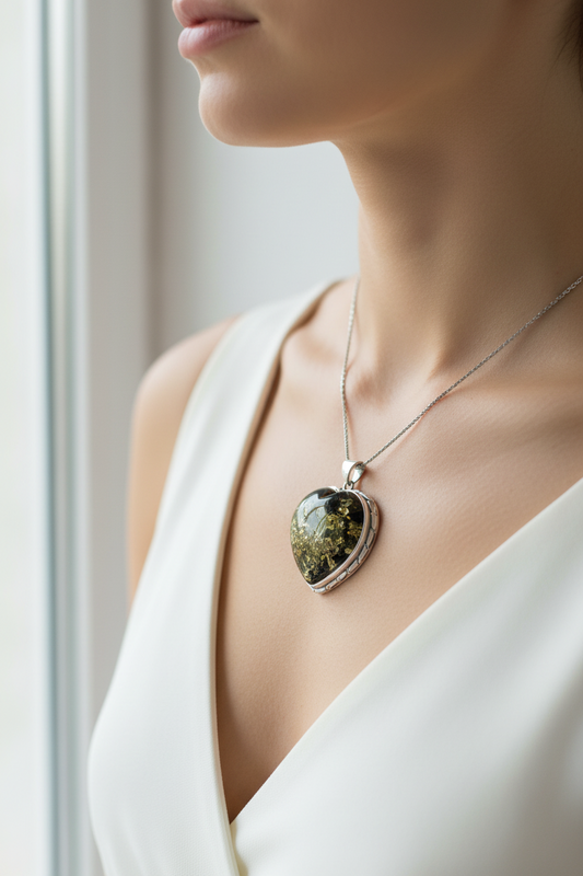 Pendentif cœur romantique en argent avec ambre baltique unique