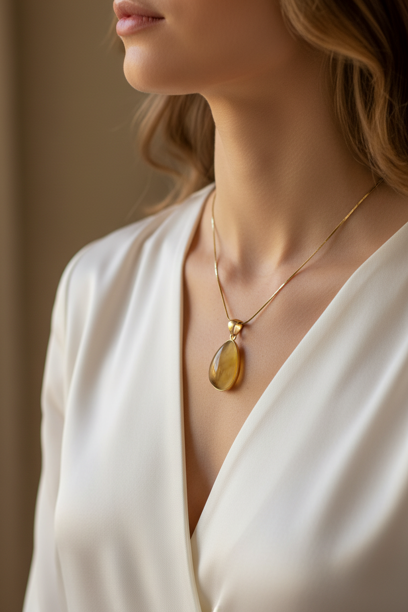 Vergoldeter Milchbernstein Anhänger: Tropfen-Unikat in 24K Gold & Silber