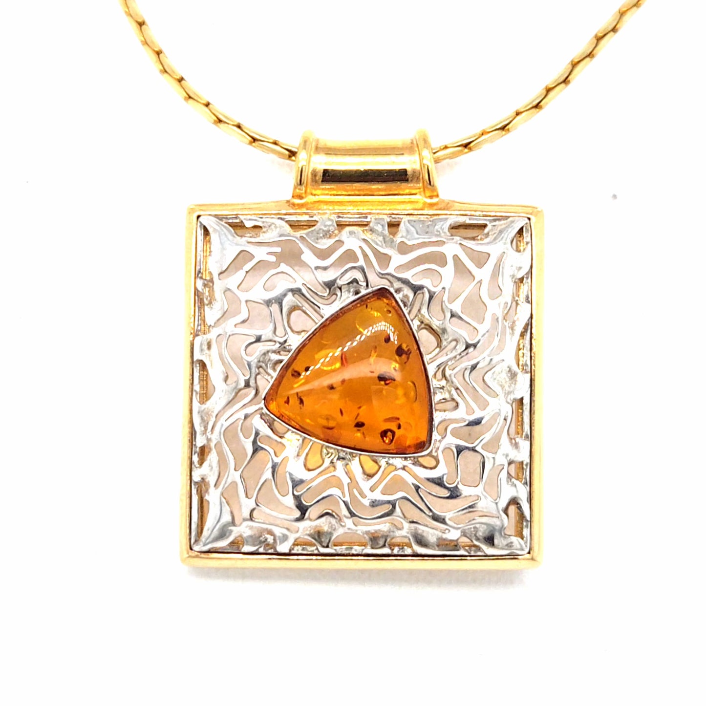 Moderner Bernstein-Anhänger aus Sterling Silber mit Gold-Akzenten