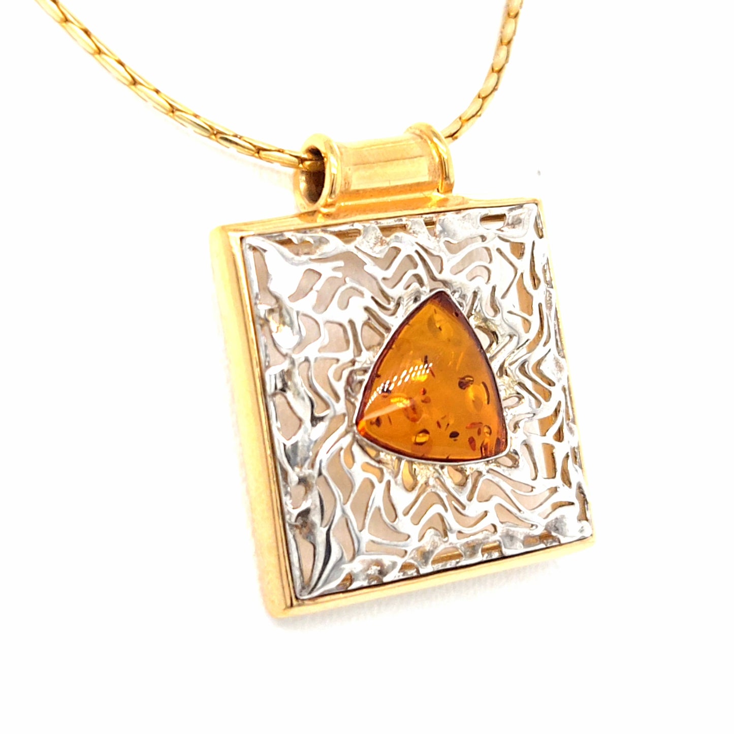 Moderner Bernstein-Anhänger aus Sterling Silber mit Gold-Akzenten