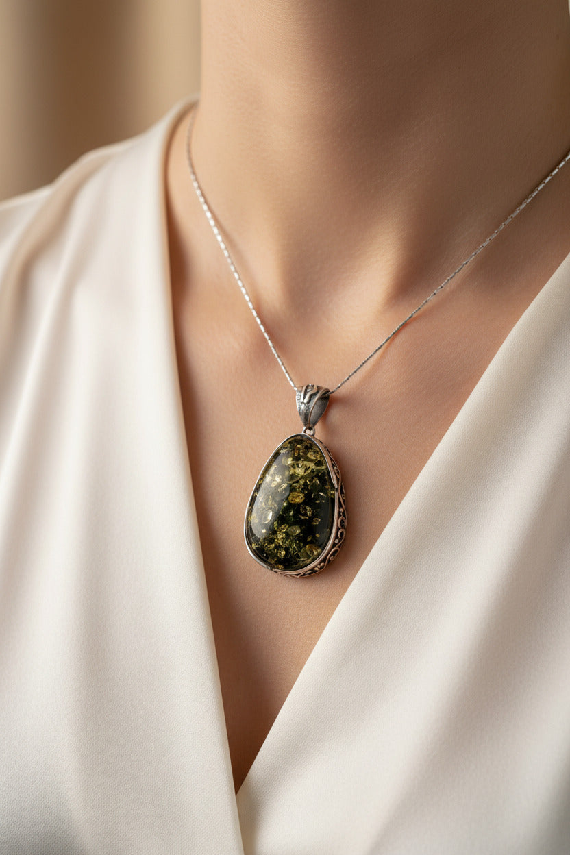 Unique Amber Pendant – Elegant Setting in 925 Sterling Silver