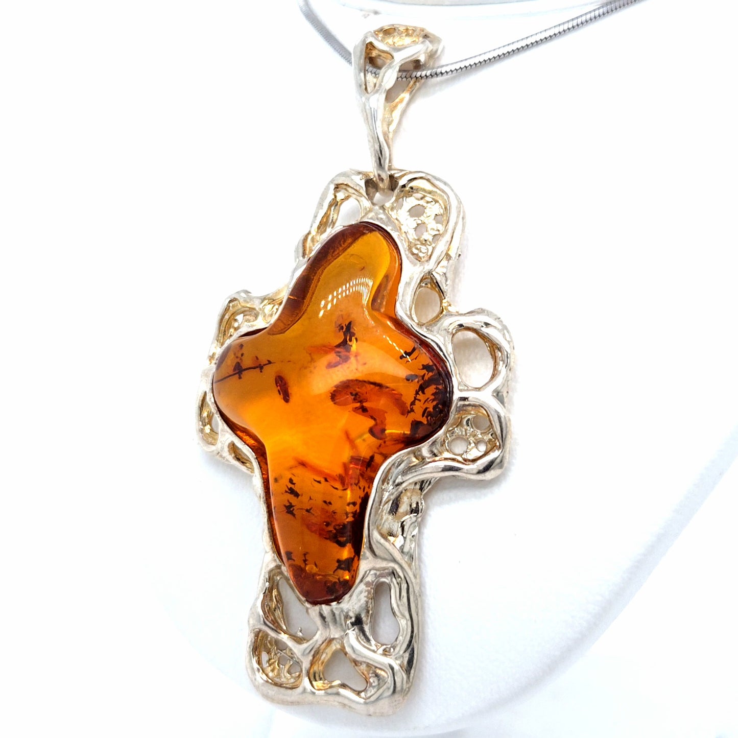 Künstlerischer Kreuz-Schmuck – Echter Bernstein, 925er Sterlingsilber