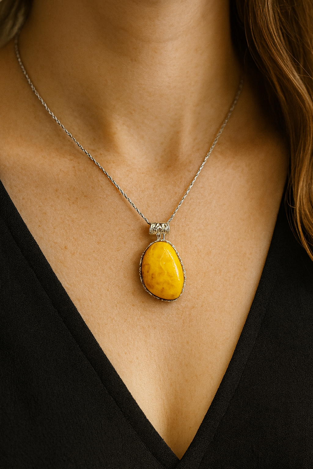 Gelber Bernstein Anhänger Handarbeit 925 Silber