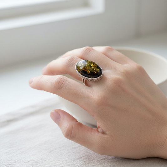 Ring aus Silber mit großem echten baltischen Grünbernstein