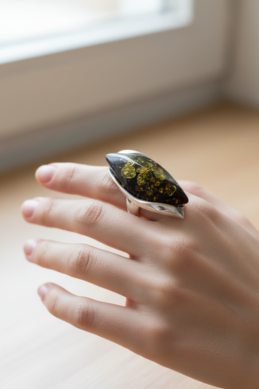 Luxus Unikat Echtschmuck Ring verstellbar mit grünem Bernstein und Silber