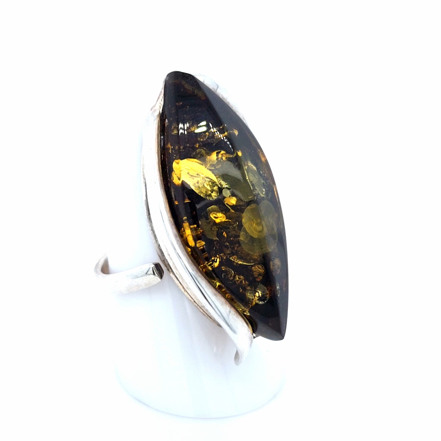 Luxus Unikat Echtschmuck Ring verstellbar mit grünem Bernstein und Silber