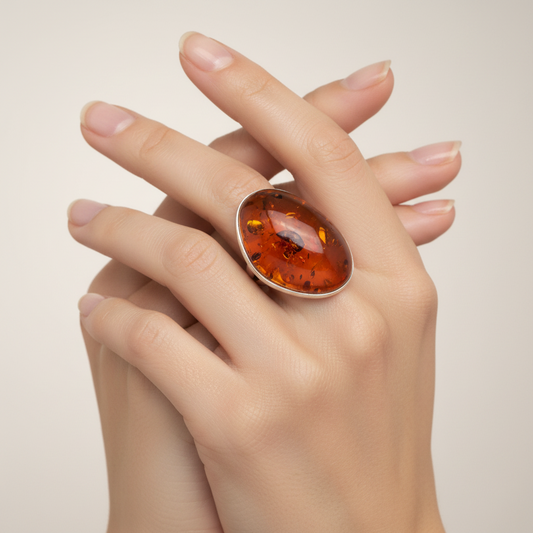 Charaktervoller Statement-Ring: Warm glänzender Honigbernstein