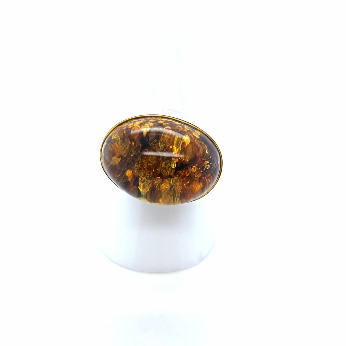Ring mit honiggelbem Bernstein und Glitzer-Einschlüssen, 925er Silber – verstellbar