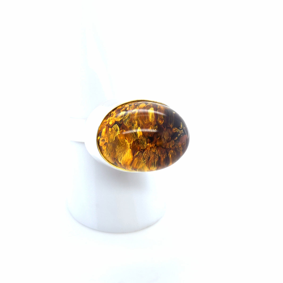 Ring mit honiggelbem Bernstein und Glitzer-Einschlüssen, 925er Silber – verstellbar