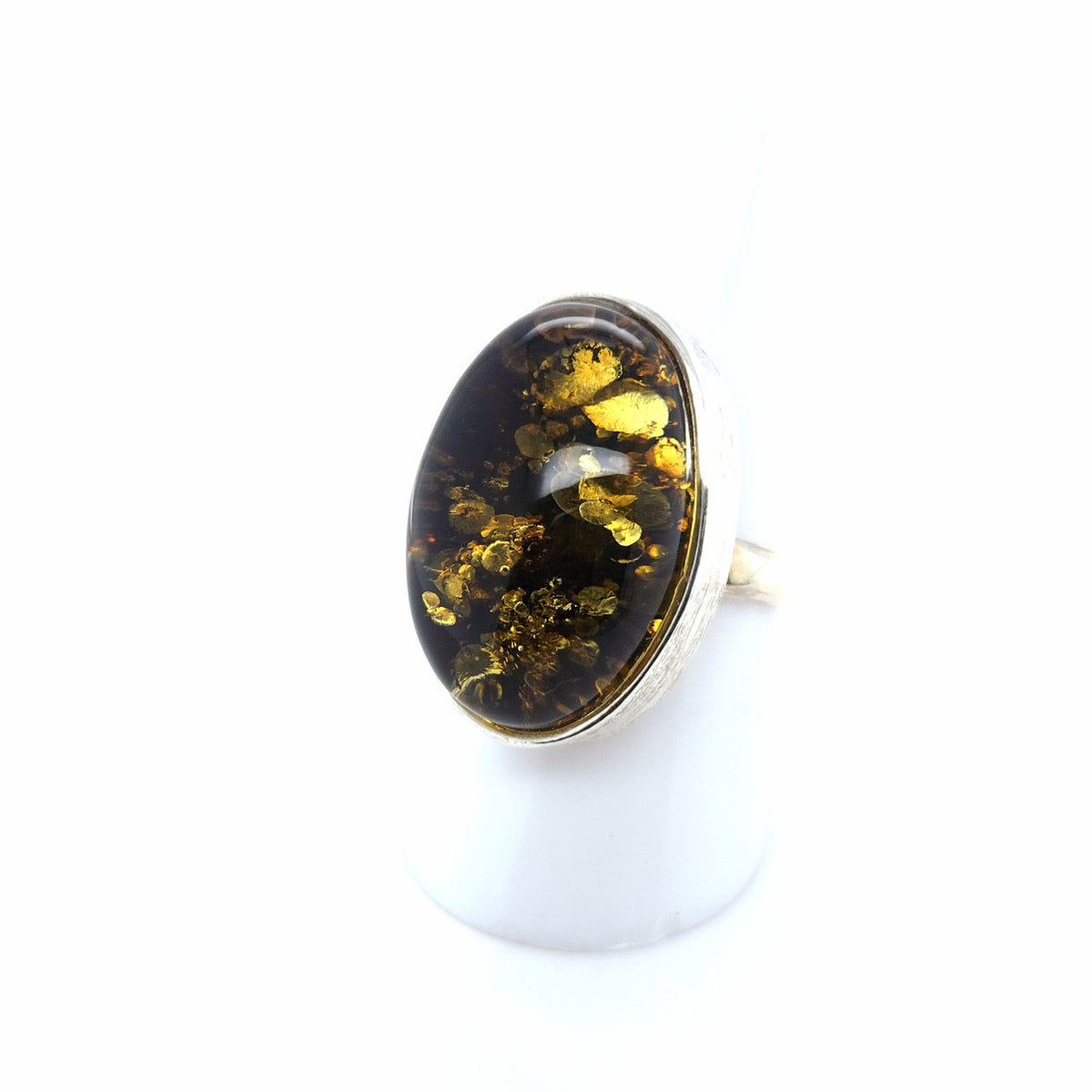 Waldgrüner Bernsteinring mit Sonnenflitter, 925er Silber – oval, verstellbar