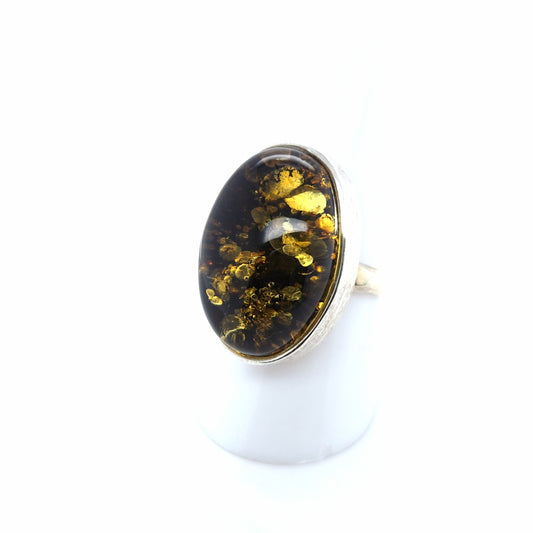 Waldgrüner Bernsteinring mit Sonnenflitter, 925er Silber – oval, verstellbar