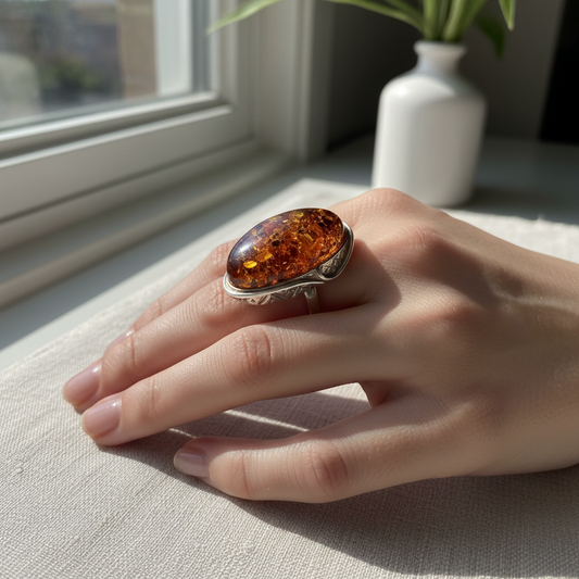 Luxus Echtschmuck: Großer Naturbernstein-Ring mit flexibler Ringschiene