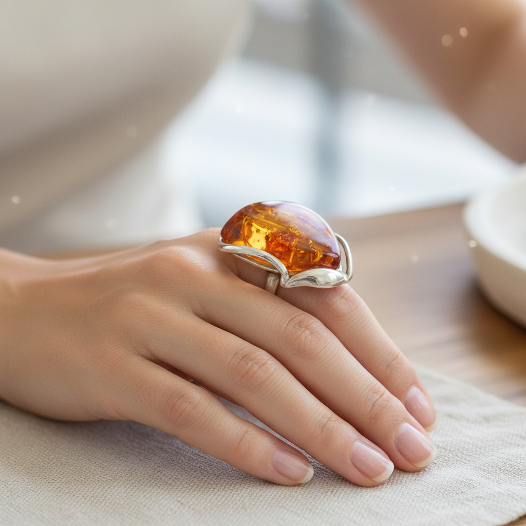 Statement-Ring: Echtes baltisches Naturbernstein & Silber