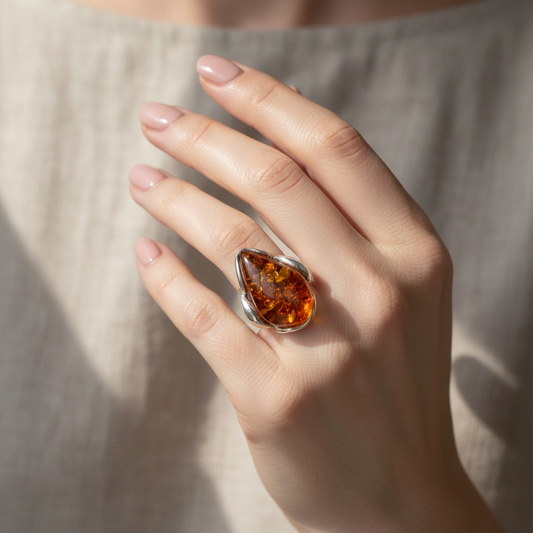 Einzigartiger Bernstein-Ring aus Rügen: Flexibler Silber-Ring mit Tropfenstein