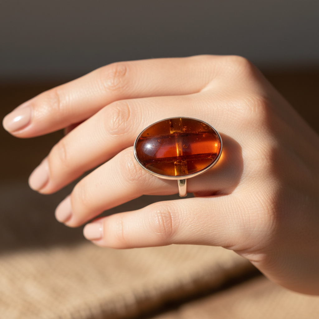 Exklusiver Statement-Ring: Echtes transparentes Naturbernstein & Silber