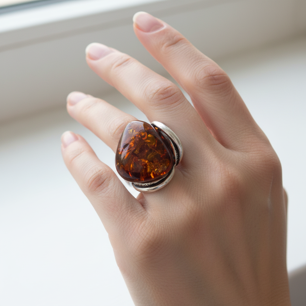 Exklusiver Statement-Ring: Echtes baltisches Naturbernstein & Silber