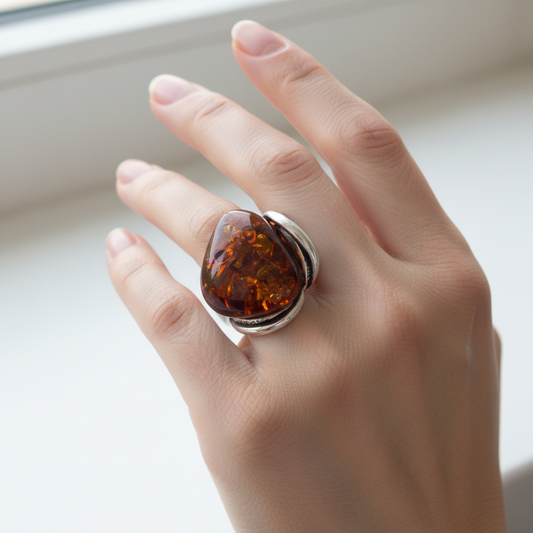 Exklusiver Statement-Ring: Echtes baltisches Naturbernstein & Silber