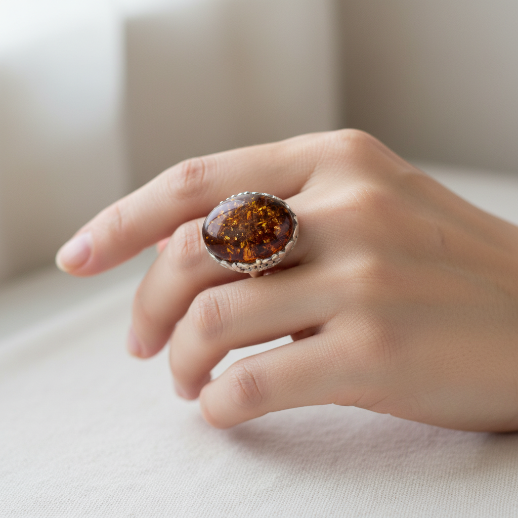 Echtschmuck Ring verstellbar 925 Silber Naturbernstein Orange Handarbeit