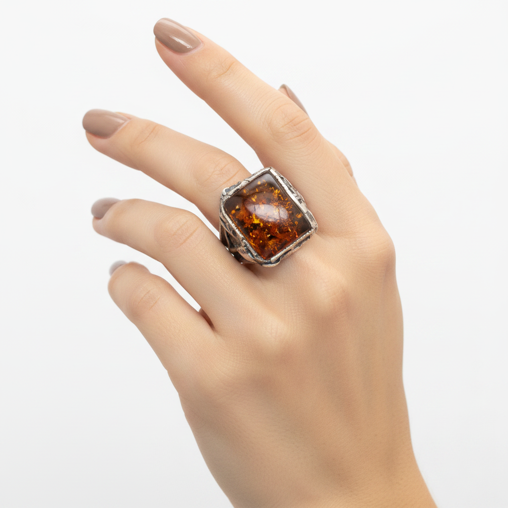 Antiker Bernsteinring im Vintage-Stil – 925 Silber Verstellbar Orange