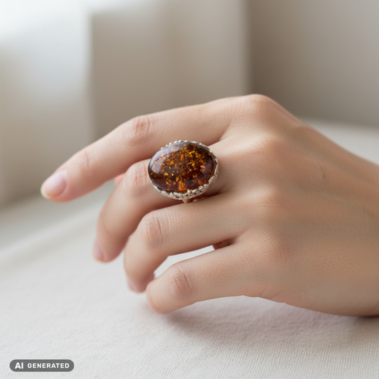 Echtschmuck Ring verstellbar 925 Silber Naturbernstein Orange Handarbeit
