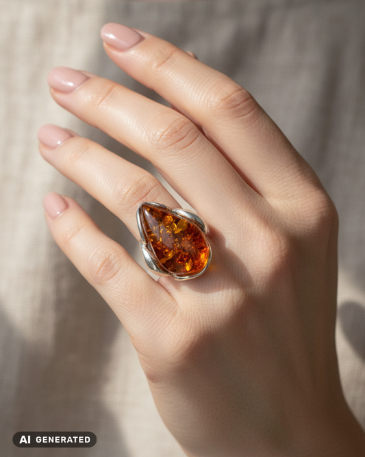Einzigartiger Bernstein-Ring aus Rügen: Flexibler Silber-Ring mit Tropfenstein
