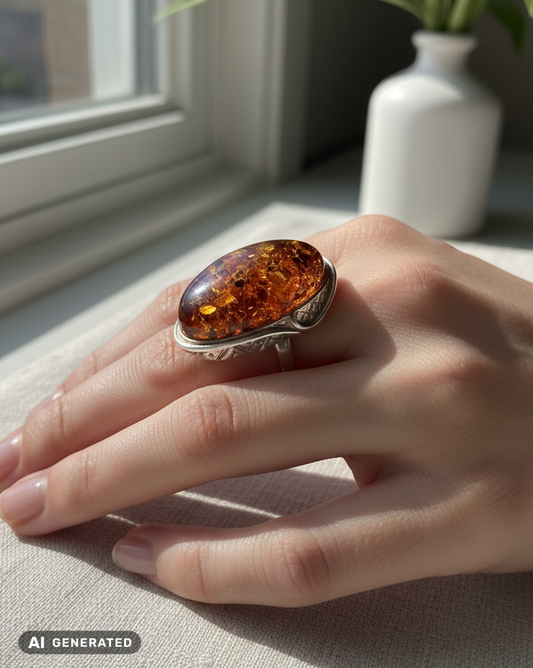 Luxus Echtschmuck: Großer Naturbernstein-Ring mit flexibler Ringschiene