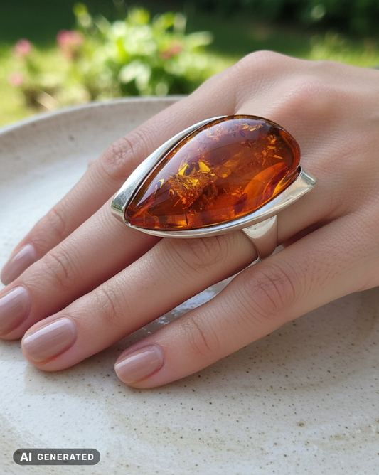 Ostsee-Gold trifft Silber: Großer, verstellbarer Vintage Bernstein-Ring
