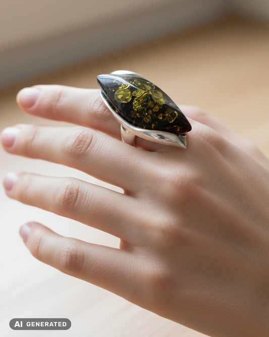 Luxus Unikat Echtschmuck Ring verstellbar mit grünem Bernstein und Silber