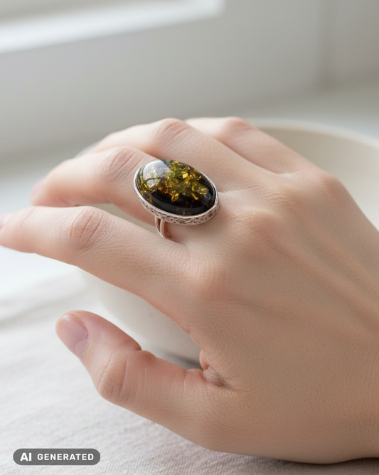 Ring aus Silber mit großem echten baltischen Grünbernstein