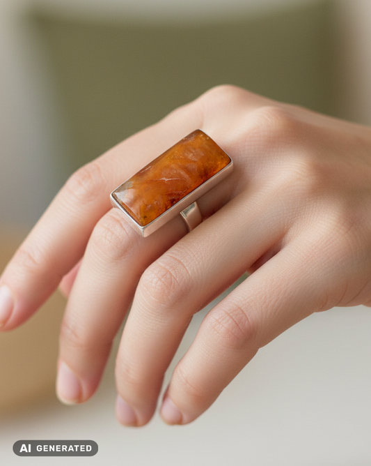 Ästhetischer länglicher Ring mit gemustertem Naturbernstein
