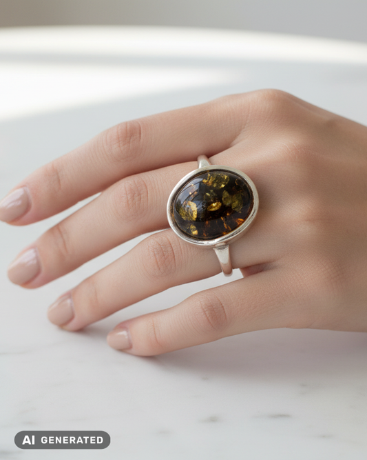 Einstellbarer Ring aus 925er Silber mit Seltenem Ostsee-Bernstein Grün