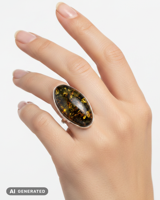 Einstellbarer Ring aus 925er Silber mit Seltenem Ostsee-Bernstein Grün