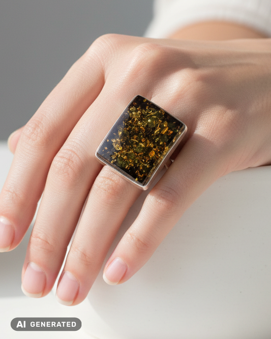 Einstellbarer Ring aus 925er Silber mit Seltenem Ostsee-Bernstein Grün