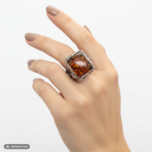 Antiker Bernsteinring im Vintage-Stil – 925 Silber Verstellbar Orange