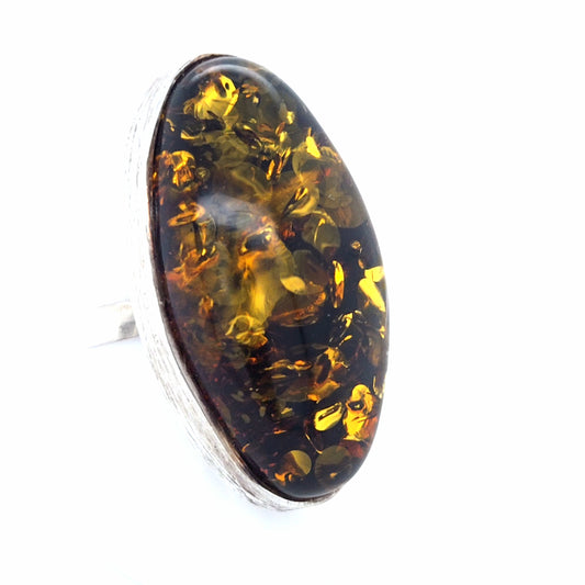 Einstellbarer Ring aus 925er Silber mit Seltenem Ostsee-Bernstein Grün