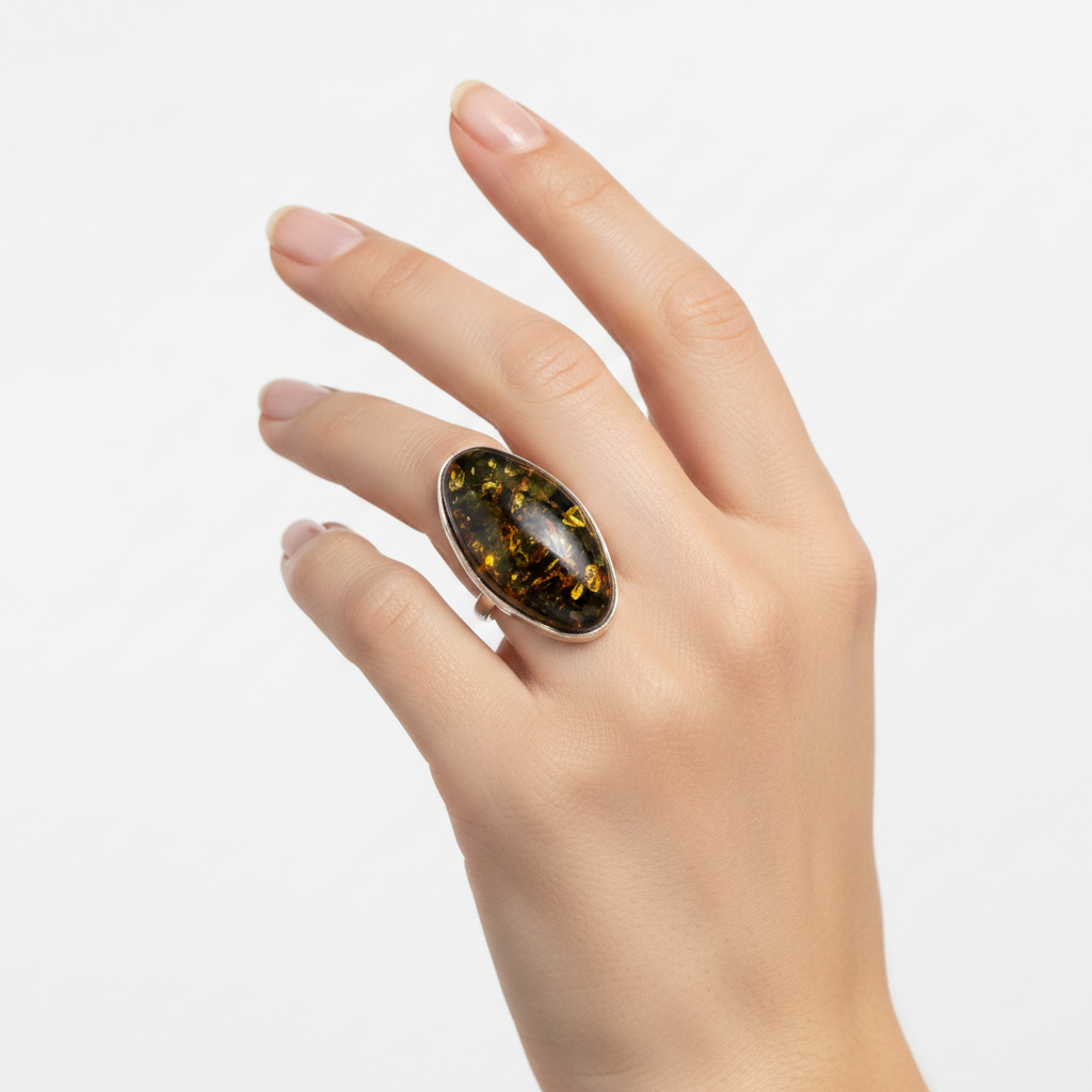 Einstellbarer Ring aus 925er Silber mit Seltenem Ostsee-Bernstein Grün