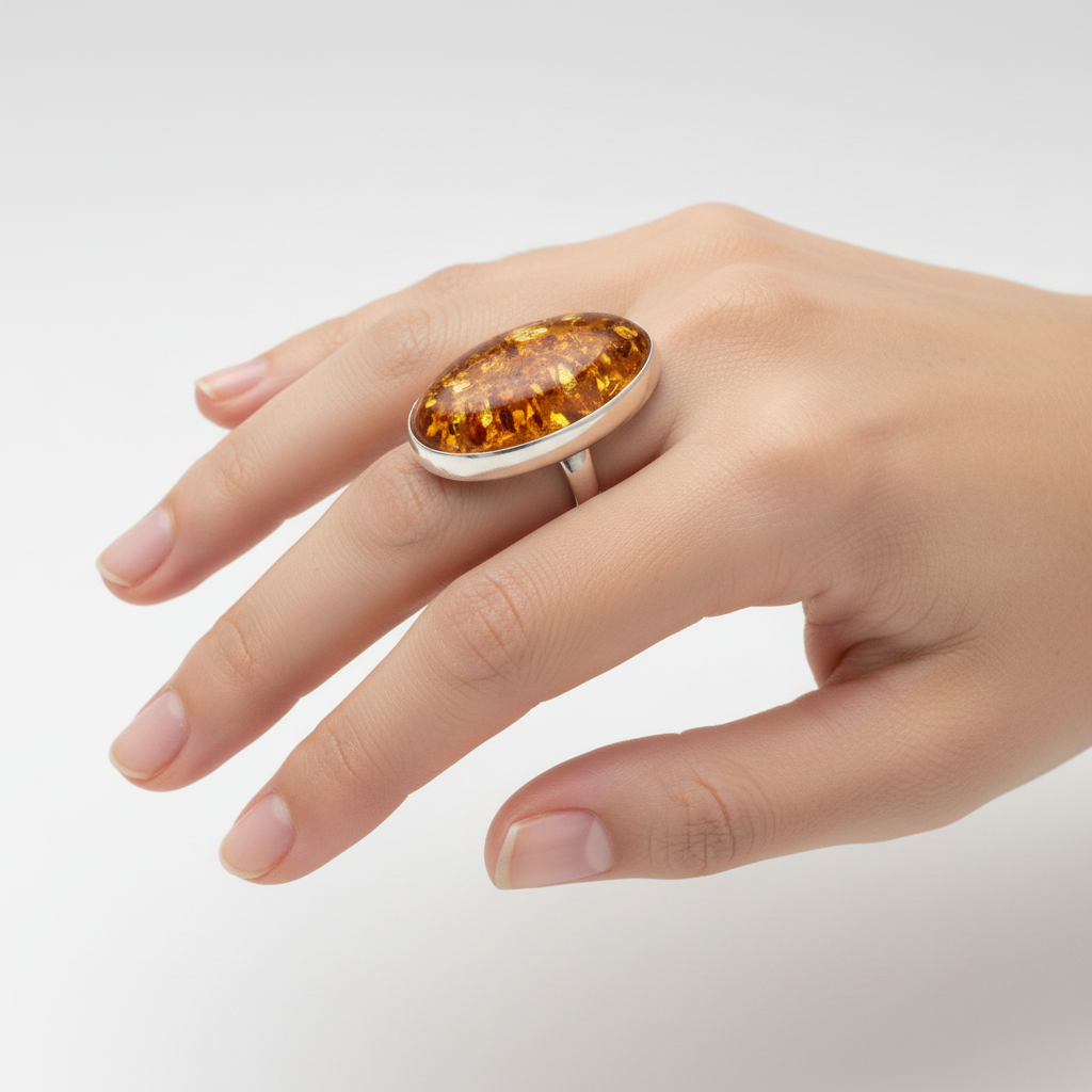 Eleganter Ring aus 925er Silber mit Ostsee-Bernstein in Cognac/Orange