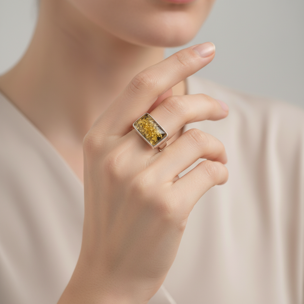 Ostsee-Gold: Edler Ring mit markantem eckigen Naturstein in Grün