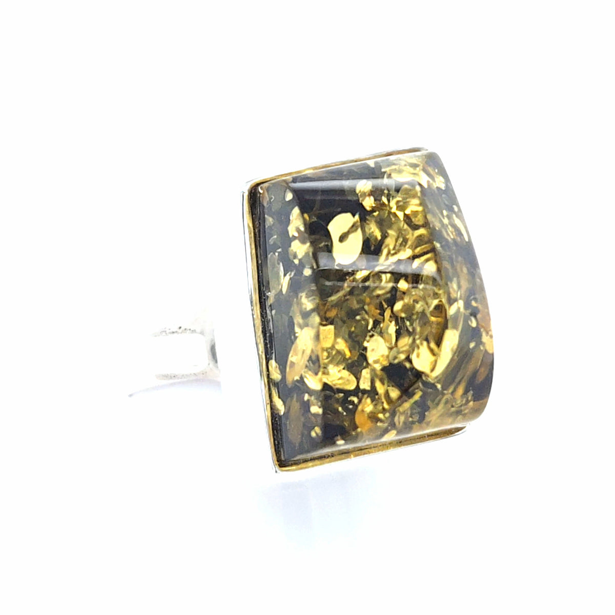 Geometrischer Silberring Unikat – Offener Rechteck-Ring mit seltenem grünem Ostsee-Bernstein