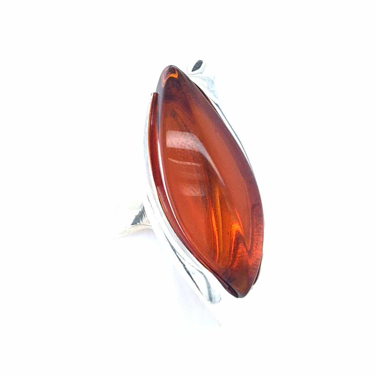 Extravaganter Statement-Silberring Unikat – Offener Navette-Ring mit Bernstein